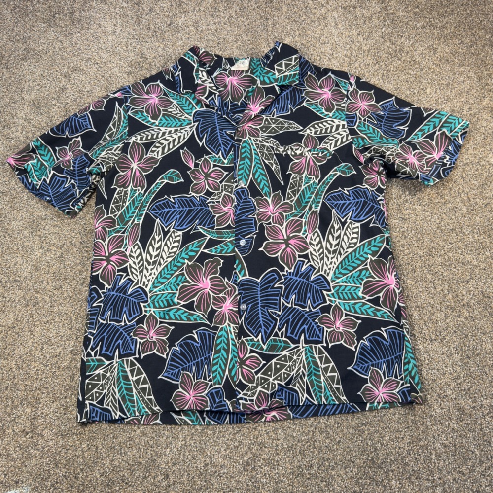 Royal Creations Hawaii Mens XL Floral Tropical Button Down Shirt Black Cotton